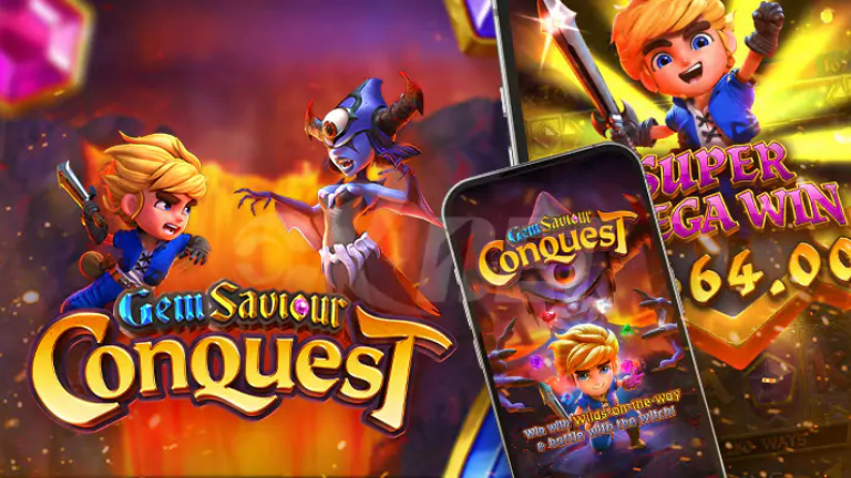 "Gem Saviour Conquest slot game by PG Soft featuring a magical adventure with a hero battling dark forces for treasure."